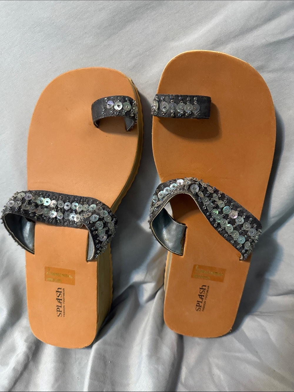 Splash Tan Platform Sandals with Gray Sequin Straps